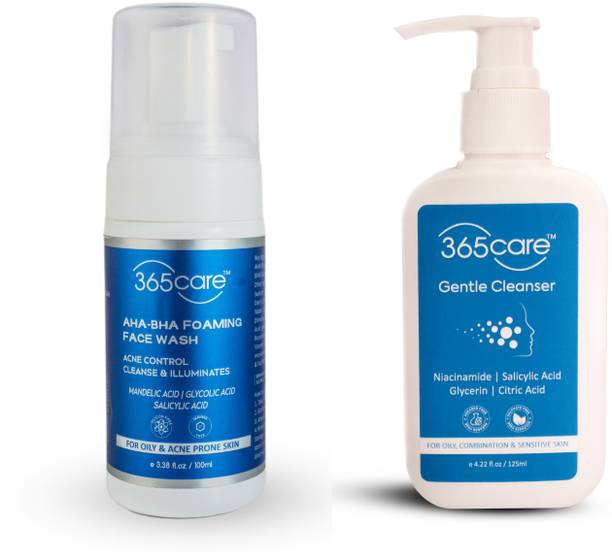 365Care Facial Cleanser Set, AHA-BHA Foaming Face Wash 100ml and Gentle Cleanser 125ml, for Oily and Sensitive Skin
