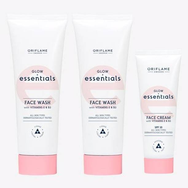 Oriflame ESSENTIALS Glow Essentials Face Wash with Vitamins E & B3 125 ml (pack of 2) , Face Cream with Vitamins E & B3 SPF 10 50 ml