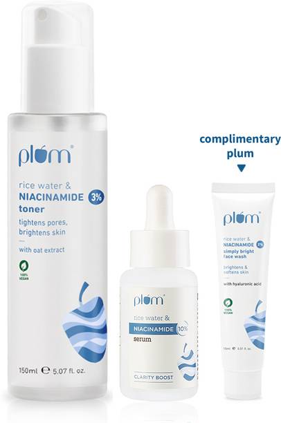 Plum Niacinamide Brightening Combo|Pack of Toner, Brightening Serum,Face Wash + Freebie