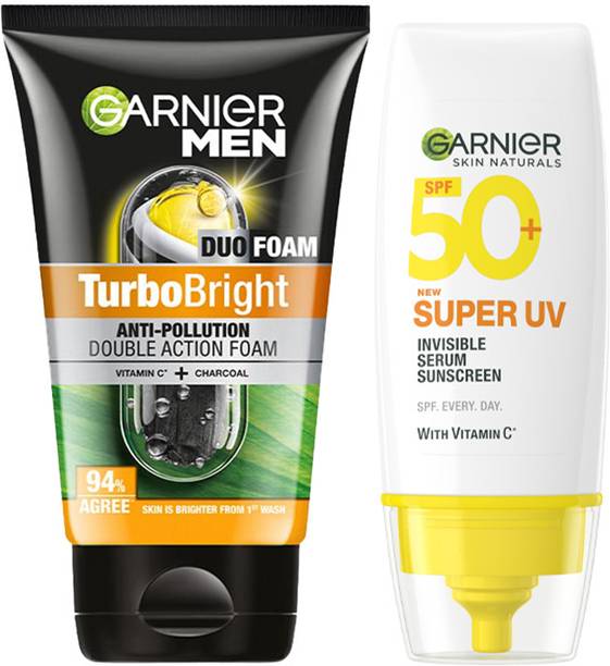 गार्नियर Men TurboBright Facewash 150g + Super UV Invisible Serum Sunscreen 30ml फेस वॉश