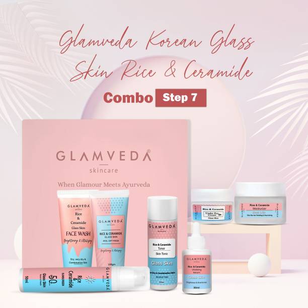 GLAMVEDA Glass Skin Rice & Ceramide 7 Step Weekly Skincare Routine For Women with Gift Box