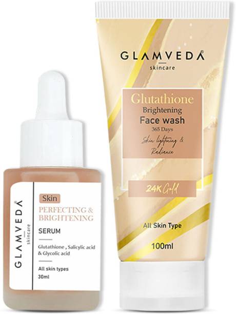 GLAMVEDA Glutathione Brightening & Dark Spots Removal 2 Steps Skincare Routine ( Face Wash + Face Serum )