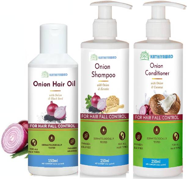 Kathiyawad "Anti Hair Fall Spa Range with Onion Hair Oil + Onion Shampoo + Onion Conditioner for Hair Fall Control"