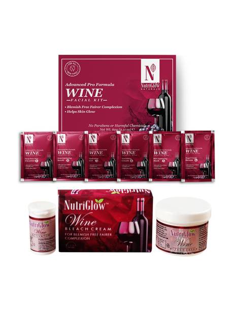 NutriGlow NATURAL'S Advance Pro Formula Wine Facial Kit (60gm) & Wine Bleach For Anti-Aging & Fairer Skin - (43gm)