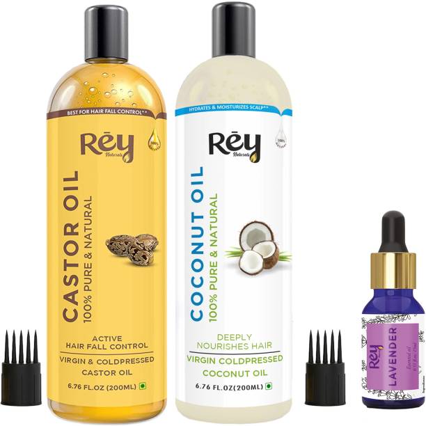 Rey Naturals Premium Cold Pressed Castor Oil & Coconut Oil-200Ml|Lavender Essential Oil-15Ml