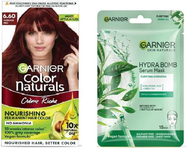 Garnier Men Color Naturals Crème hair color, 6.60 Intense Red, 70ml + 60g+Hyaluronic Acid+Green Tea Purifying Hydration Serum Mask-28g