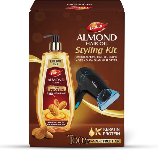 Dabur Hair Styling Kit | Almond Hair Oil- 650ml + Vega Glow Glam Hair Dryer- 1000W