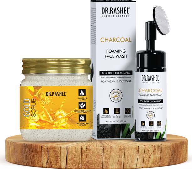 DR.RASHEL Gold Scrub & Charcoal Foaming Face Wash for Acne Scars, Dead Skin Cell, Glow