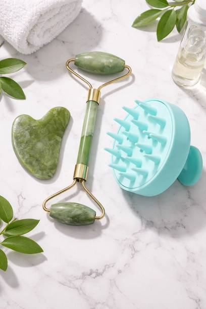 Kwaanie Jade Roller & Hair Scalp Brush | Face Silicone Shampoo Brush