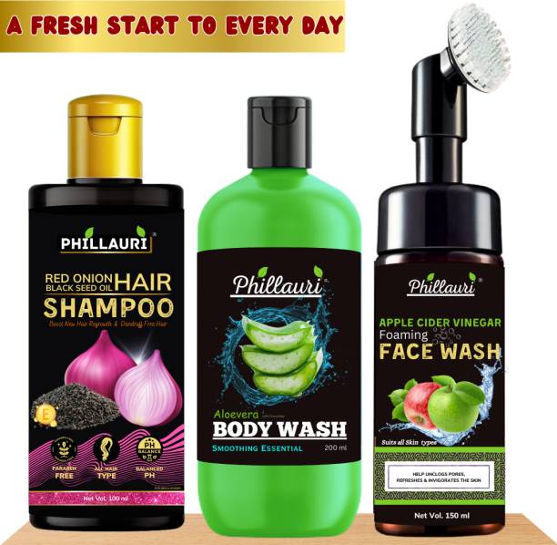 Phillauri Red Onion Black Seed Oil Shampoo & Aloe Vera Hydrating Body wash & Apple Cider Vinegar Foaming Face Wash