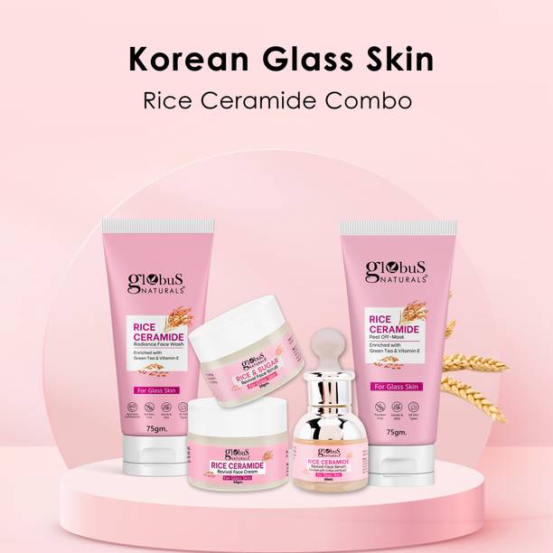 Globus Naturals Rice Ceramide Combo For Korean Glass Skin Face Wash, Face Cream, Face Serum, Face Scrub, Peel off Mask