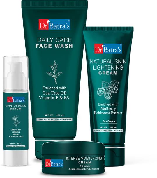 Dr Batra's Skin Fairness Serum - 50 G, Face Wash Daily Care - 200 gm, Natural Skin Lightening Cream - 100 gm and Intense Moisturizing Cream -100 G (Pack of 4)
