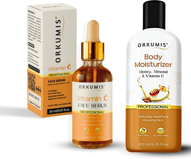 orkumis Vitamin C Face Serum + Honey Almond & Vitamin E Moisturizer combo for Glowing & Brightening Skin