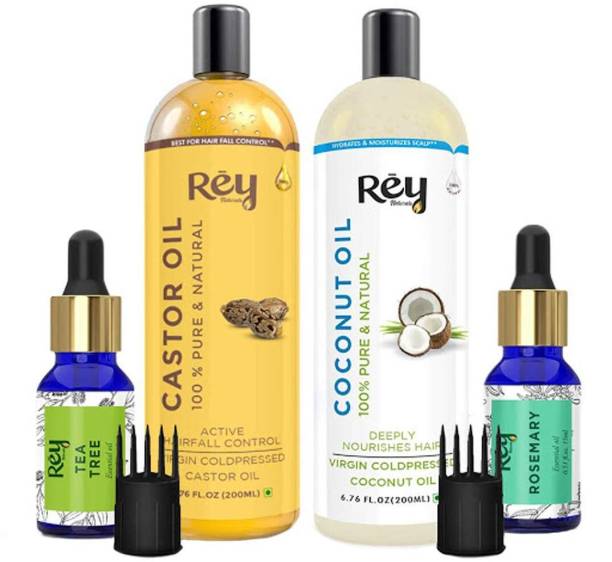 Rey Naturals Hair oils combo/hair care kit (Castor oil,Coconut oil,Tea tree oil,Rosemary oil)