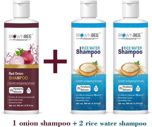 brownbee Fermented 1 Red Onion & 2 Rice Water Shampoo Combo Pack - Strength & Growth Formula - Free from Mineral Oils, Sulphates & Paraben - For All Hair Types (600ml)