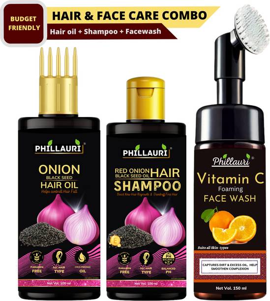 फिल्लौरी Red Onion Black Seed Oil Hair Care Kit (Hair Oil + Shampoo + Foaming Facewash)