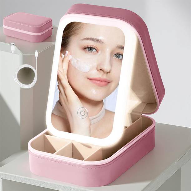 AORDEY Compact LED Makeup Mirror & Jewelry Storage Case with 3 Light Modes – Pink