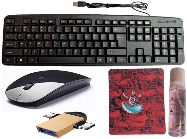 ANJO USB Keyboard-Wireless Mouse-Non Slip Mouse Pad-Cleaner-2 in 1 OTG Micro & Type C Combo Set