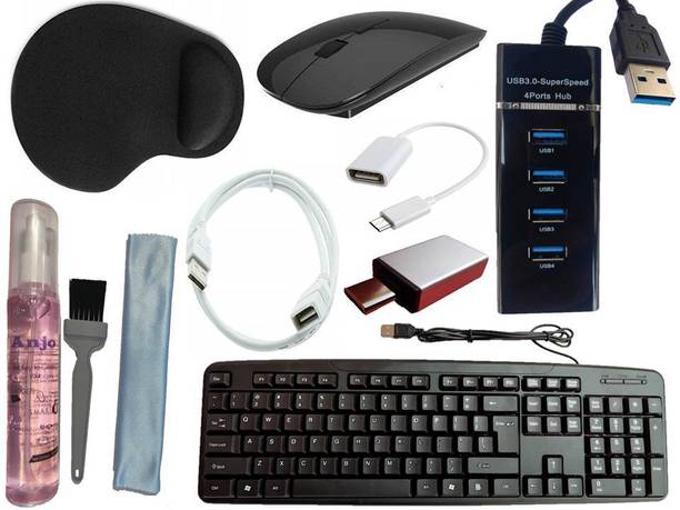 ANJO USB Keyboard-Wireless Mouse-Wrist Pad-3.0Hub-3in1 Cleaner-OTG C&Micro-Ext Cable Combo Set