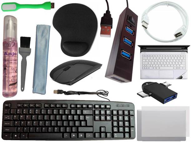 ANJO Keyboard-Wireless Mouse-Wrist Pad-2.0 Hub-3in1 Cleaner-OTG 2in1-Ext-LED-Skin Combo Set