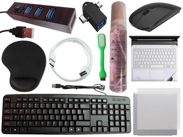ANJO Keyboard-Wireless Mouse-Wrist Support Pad-2.0 Hub-Cleaner-OTG 2in1-Ext-LED-Skin Combo Set