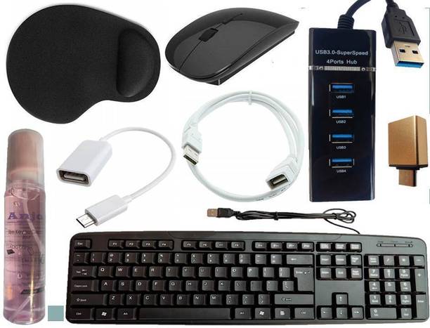 ANJO USB Keyboard-Wireless Mouse-Wrist Support Pad-3.0Hub-Cleaner-OTG C&Micro-Ext. Combo Set