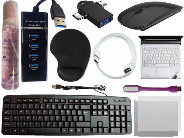 ANJO Keyboard-Wireless Mouse-Wrist Support Pad-3.0Hub-Cleaner-OTG 2in1-Ext-LED-Skin Combo Set