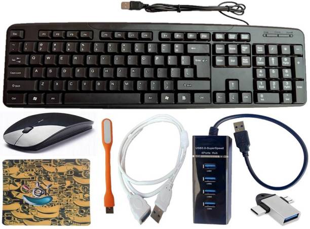 ANJO USB Keyboard-Wireless Mouse-Mouse Pad-3.0 USB Hub-2in1 OTG Micro&C-Ext Cable-LED Combo Set