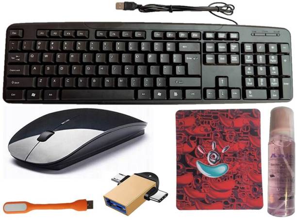 ANJO USB Keyboard-Wireless Mouse-Non Slip Pad-Cleaner-2 in 1 OTG Micro & Type C-LED Combo Set