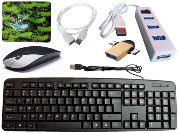 ANJO USB Keyboard-Wireless Mouse-Mouse Pad-2.0 USB Hub-2in1 OTG Micro&C-Ext Cable1.5m Combo Set