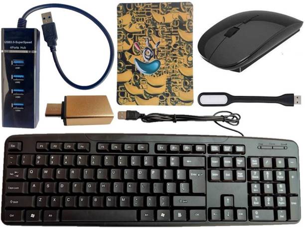 ANJO Wired USB Keyboard-Wireless Mouse-Non Slip Mouse Pad-3.0 USB Hub-OTG Type C-LED Combo Set