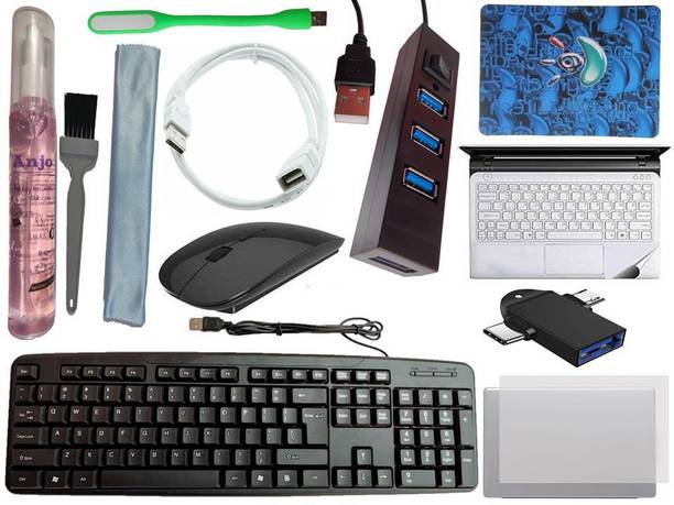 ANJO Keyboard-Wireless Mouse-Pad-2.0 Hub-3in1 Cleaner-OTG 2 in 1-Ext 1.5m-LED-Skin Combo Set