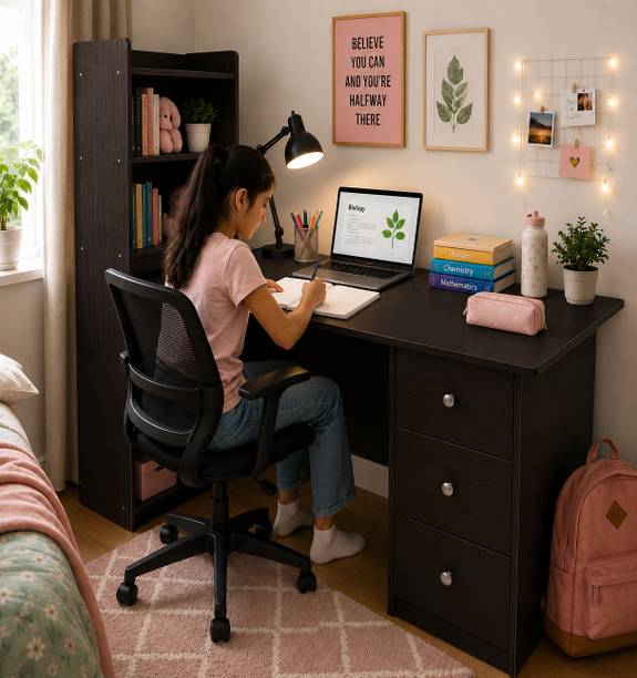 KAWACHI Office Computer Laptop Desk Writing Study Table with 4 Shelves Storage 3 Drawers Engineered Wood Computer Desk