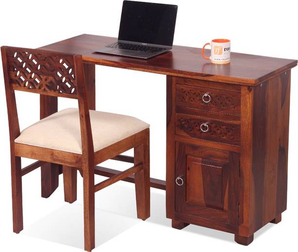ROYAL FINISH Carvo 2 drawer & 1 Cabinet With Chair,Soft Edges,Natural Colour,Matte Finished Solid Wood Computer Desk