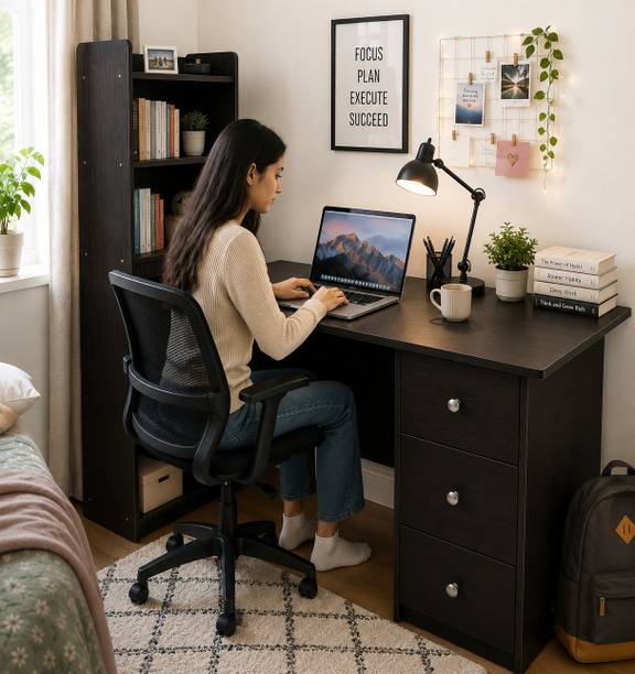 KAWACHI Office Computer Laptop Desk Study Table with 4 Shelves Storage 3 Drawers Engineered Wood Office Table