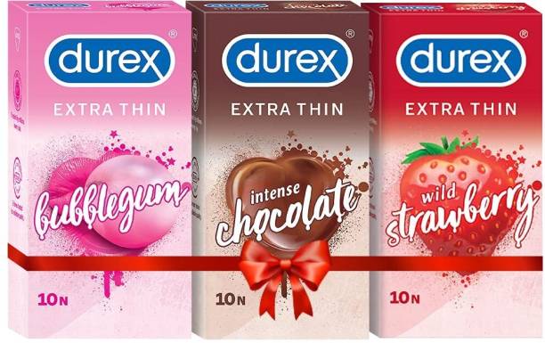 DUREX multiflavored extra thin condoms for men - Bubblegum, Wild Strawberry, Intense Chocolate - 10 count (Pack of 3) | Sensually flavored condoms for fun & adventure Condom
