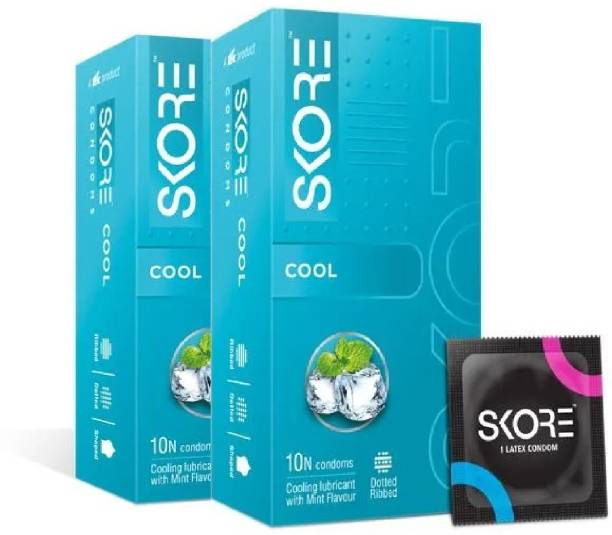 SKORE Cool Condom | Cooling Sensation | Mint Flavour| Dotted | 10 Sheets | Pack of 2 Condom