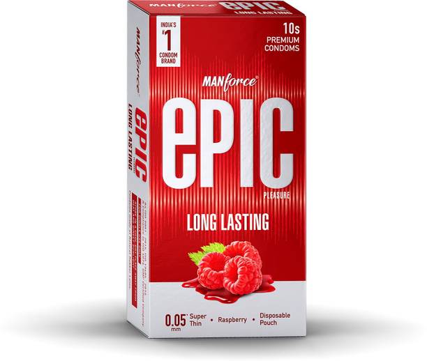 MANFORCE Epic Pleasure Long Lasting Super Thin Raspberry Flavoured Premium Condoms with Disposable Pouch Condom