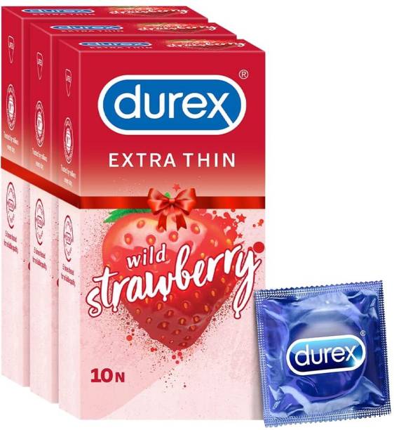 DUREX Extra Thin Wild Strawberry Flavoured Condoms For Men -10s (Pack of 3) Condom