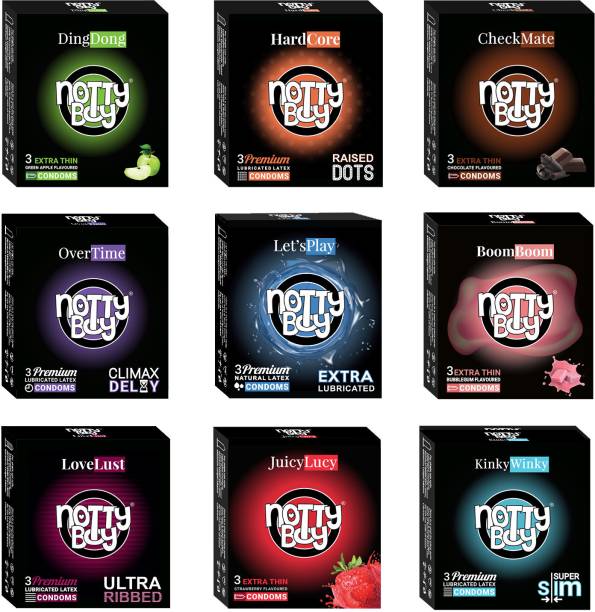 NottyBoy Honeymoon Pack Mix Variety (Extra Time, Ribbed, Extra Dotted, Extra Thin, Plain, Strawberry, Apple, Chocolate) Condom