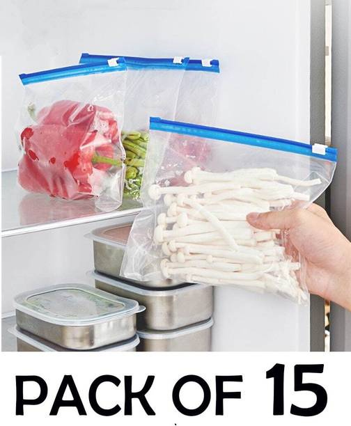 AADHYA COMMERCE 15 pcs Ziplock Pouch Vegetable Bag for Fridge Food Cover Travel Storage Vacuum Bags