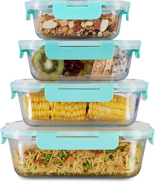 Allo FoodSafe Rectangle Microwave Safe Glass Storage Containers with Detachable Lock  - 370 ml, 640 ml, 1040 ml, 1520 ml काँच यूटीलिटी कंटेनर