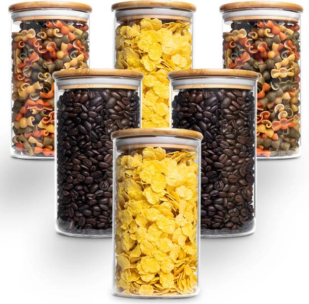 Allo Kitchen Food Storage Jars With Wooden Lid for Tea, Coffee, Masala | Round Jar  - 600 ml
