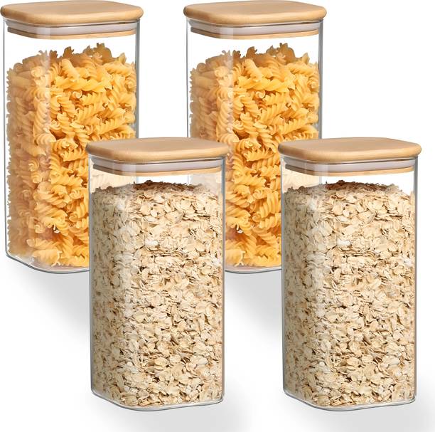 Allo Kitchen Food Storage Jars With Wooden Lid for Tea, Coffee, Masala | Square Jar  - 600 ml