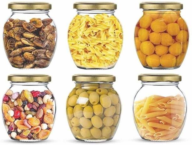 JIGSHTIAL Kitchen Storage Glass Jar, Matka Shape, Honey Storage Container with Air Tight gold Metal - 400 ml