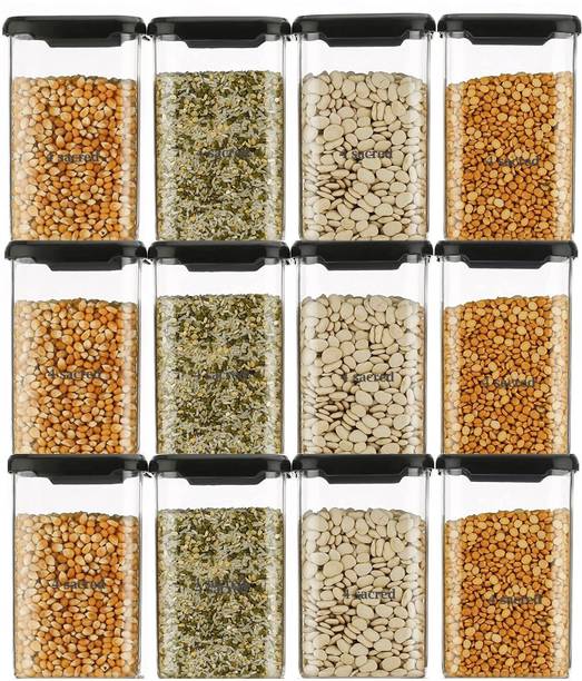 4 SACRED Customers 1st Choice Unbreakable Square Shape 1200 ml Kitchen Storage Container,Food Storage container,Cereal Dispenser,Snacks Container,Plastic Container Set Of 12-BLACK-1200 ml  - 1200 ml