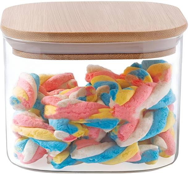 Allo Kitchen Food Storage Jars With Wooden Lid for Tea, Coffee, Masala | Square Jar  - 300 ml