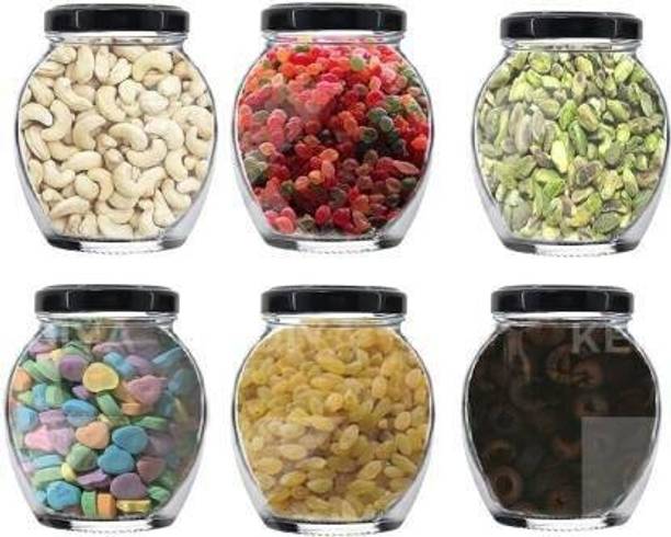 Coozico Glass Matka Jar Container with Air Tight Black Metal Lid (pack of 6) - 400 ml