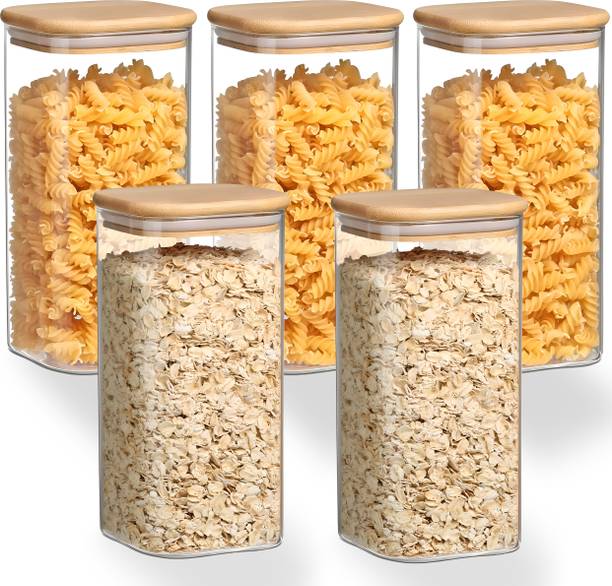 Allo Kitchen Food Storage Jars With Wooden Lid for Tea, Coffee, Masala | Square Jar  - 600 ml