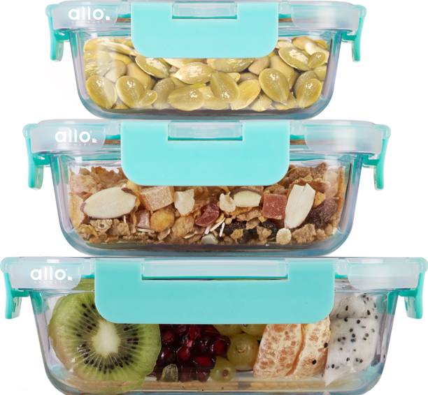 Allo Borosilicate Glass Containers with Lids and Break Free Lock, Microwave Safe  - 185 ml, 370 ml, 640 ml